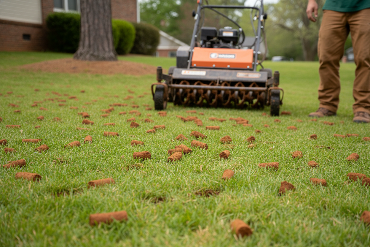 Fresh core aeration soil plugs on a Snellville GA Bermuda lawn showing Gwinnett red clay