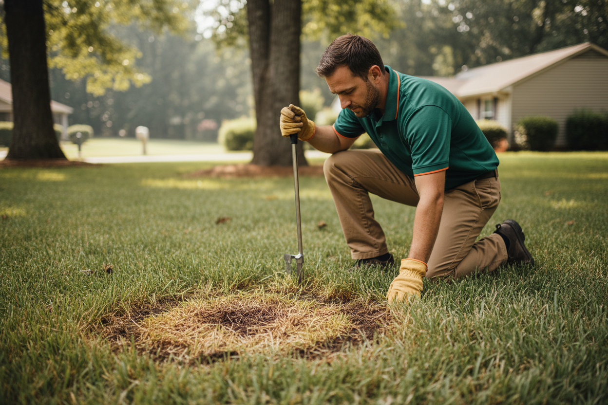 Snellville GA lawn care technician diagnosing Brown Patch fungus on a tall fescue lawn